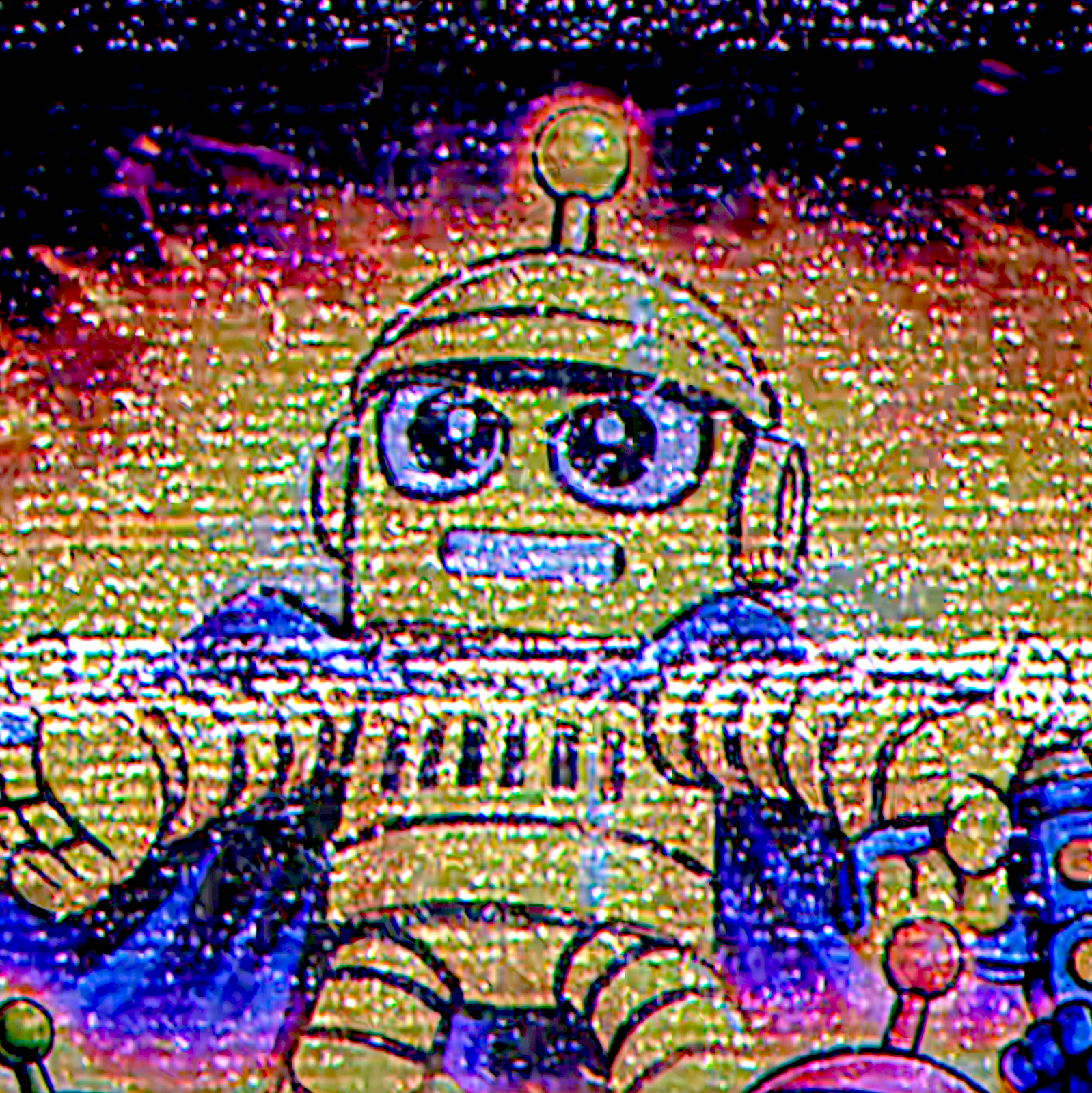 Robot figure amid colourful signal interference