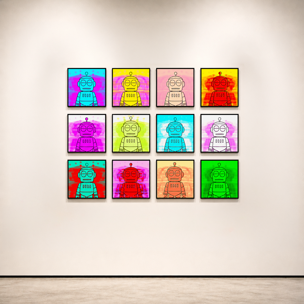 Study showing twelve small Robo Zero paintings arranged on a gallery wall